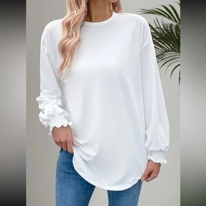 Women’s Bright White Crew Neck Ruffle Cuff Long Sleeve Top. Sizes 1X & 2X